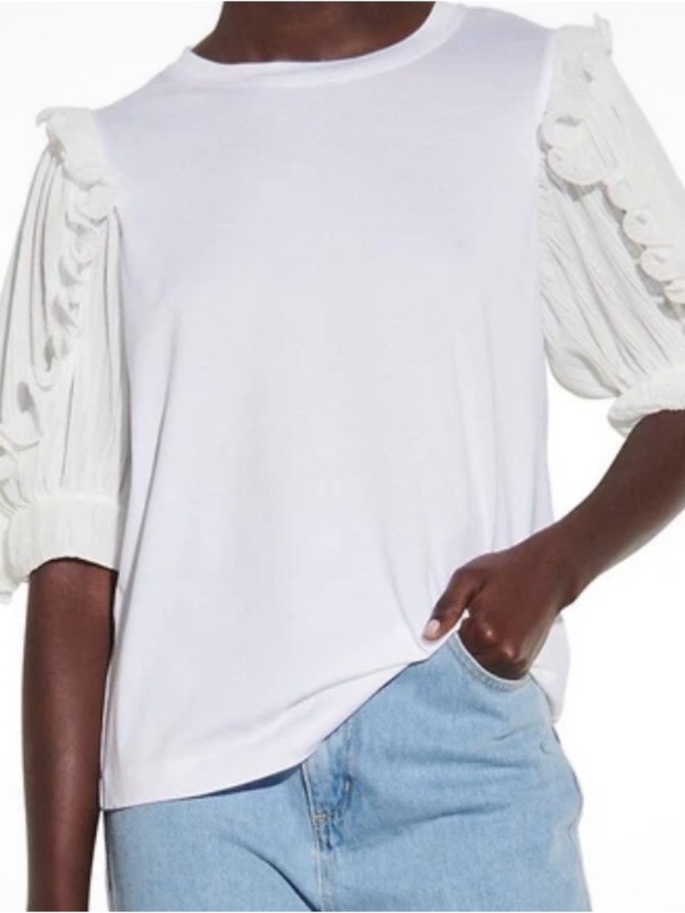 Express Cream Ruffle Sleeve Short Sleeve Top